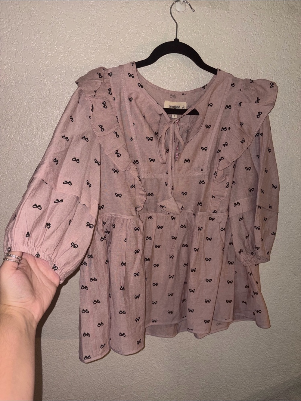 🎀NWT Umgee "Bow🎀 Babydoll Blouse w/3/4 Puff Sleeves w/Ruffles” Mauve💗Black🖤Small - Picture 7 of 14